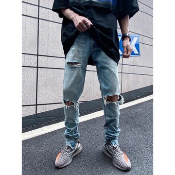 起源點高街潮牌膝蓋破洞修身小腳拉鏈牛仔褲男 FOG水洗街頭長褲子