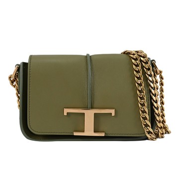 TODS T Timeless 金屬LOGO迷你翻蓋肩斜背鍊包.灰綠