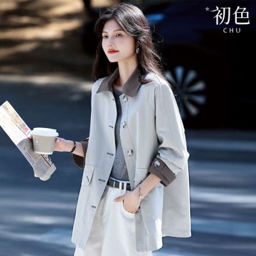 初色 簡約顯瘦寬鬆翻領單排扣長袖工裝風衣大衣外套女外套-共2色-15505(M-2XL可選)