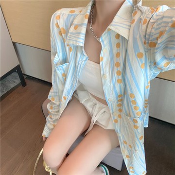 條紋襯衫女夏季新款港風寬松氣質長袖polo領防曬襯衣上衣潮