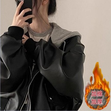 韓系高級感黑色皮衣外套女 秋冬刷毛外套 假兩件外套 連帽外套 皮衣外套 休閒外套 拼接外套 夾克 短版外套 夾克外套