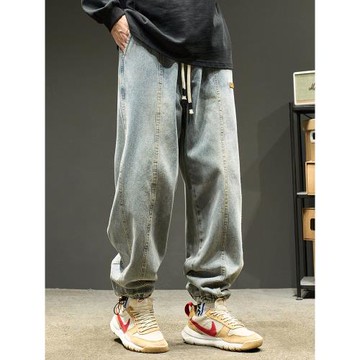 黑色牛仔褲男款春季美式水洗做舊束腳褲子男生春秋寬松休閑運動褲