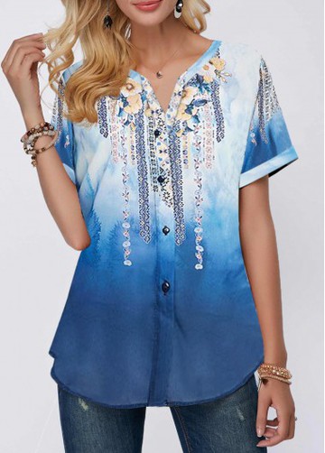 Button Front Split Neck Floral Print Blouse