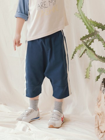 純棉撞色拼接線條鬆緊腰哈倫七分褲