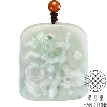 【漢石齋】天然翡翠A貨 三太子哪吒玉佩吊墜 冰糯種飄花(43*47*14mm)