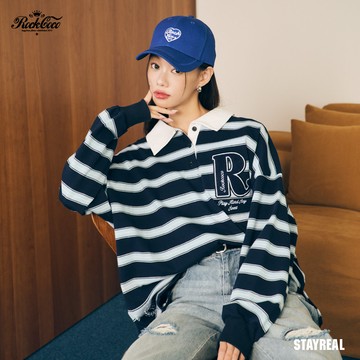 ROCKCOCO 新學院風翻領長袖T - 藍