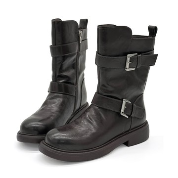 Maxwell緞影真皮復古英倫雙扣中筒靴騎士靴