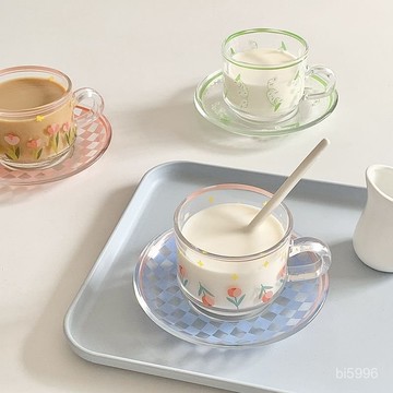 馬剋杯 玻璃杯 咖啡杯 果汁杯 杯子 牛奶杯 花茶杯 陶瓷杯 月球自製!ins風女咖啡玻璃杯碟套裝小衆手繪鬱金香鈴蘭杯子