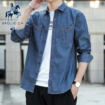 春秋季男士寬松牛仔長袖襯衫韓版純棉上衣青年襯衣休閑裝外套潮流