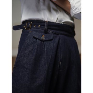 gurkha秋款男廓爾格復古牛仔丹寧長褲歐美修身西褲藏青九分褲錐形