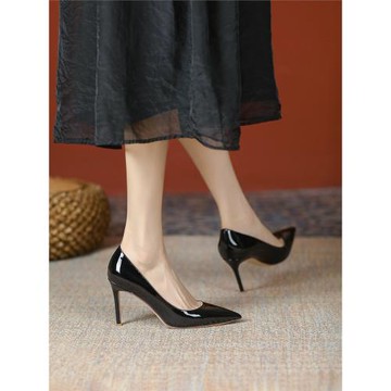飛燕女鞋2024春夏新款不磨腳黑色漆皮高跟鞋百搭尖頭淺口性感單鞋