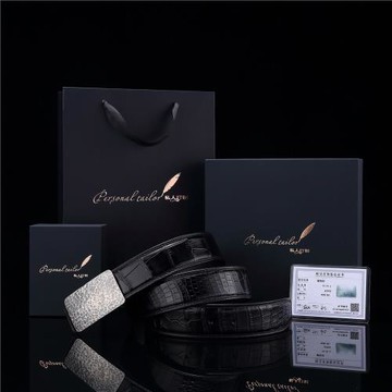 歆月銀男士S999足銀皮帶扣手工方形捶打紋休閑鱷魚皮掛鉤真皮皮帶