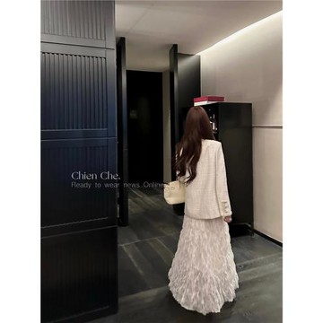 車遲恩Chien 白色仙女網紗長裙 高腰垂感波浪卷生日蓬蓬半身裙女