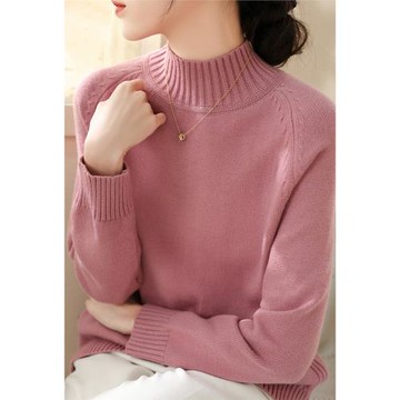 2024年加厚款簡約粉色慵懶風長袖毛衣冬季新款寬松套頭針織衫上衣