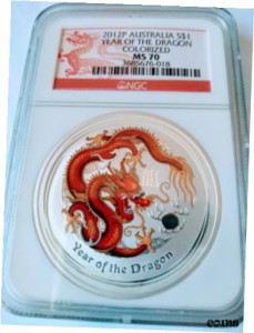 アンティークコイン Australia Year of the Dragon 1oz Colorized Silver NGC MS70 Red Yellow 2012-P