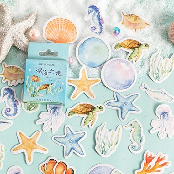 深海之境盒裝貼紙 手帳貼紙 (46枚入) 貼紙 裝飾貼紙 封口貼 咕卡 咕盤貼紙 文具小物【BlueCat】【JC5491】