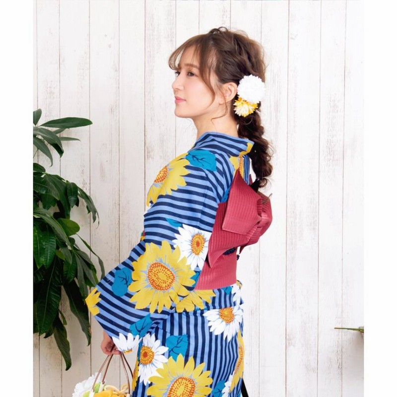 レディース　浴衣セット　身丈154cm　紺　黄　花　ストライプ　作り帯　リボン z1-brand905ok_1.jpg