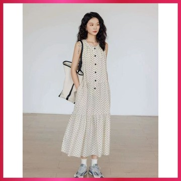 WYZ夏日洋裝女 2026新款 日系波點印花慵懶風無袖圓領開襟A字長洋裝 寬鬆度假風 顯瘦氣質