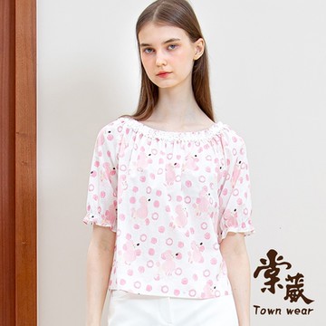 【TOWNWEAR棠葳】童趣印圖花瓣領純棉上衣(女上衣/女上著/短袖/滿版/拼接)