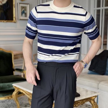【特價精選】條紋針織T恤男韓版輕熟修身撞色短袖體恤衫薄款上衣