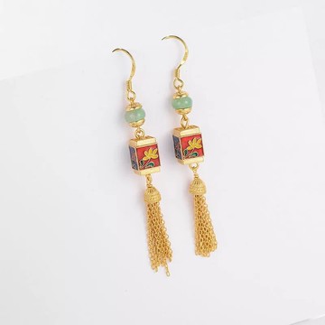 天然碧玉耳環S925純銀琺瑯彩花朵長款流蘇翡翠耳鉤中式古宮廷飾品