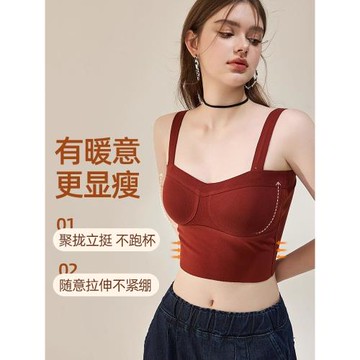 德絨保暖背心女加絨加厚帶胸墊紅色內衣女秋冬季發熱內搭打底上衣