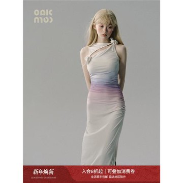 OAKMOO/ "水中的儀式"手工霓虹玫瑰收腰抽褶平肩無袖漸變連衣裙