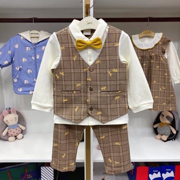 韓國童裝 秋新款男女寶帥氣假兩件馬甲領結襯衣紳士套裝 兄妹裝