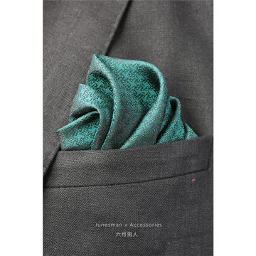 六月男人 手工制 仿真絲西服胸口袋巾男士小方巾 千鳥格祖母綠