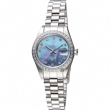 RHYTHM日本麗聲 優雅晶鑽機械日期女錶-藍貝x銀/28mm 新年開運 送禮推薦