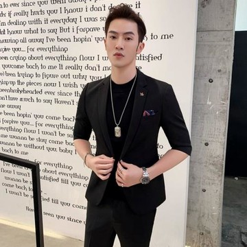 墨綠潮流男士修身小西裝套裝夏季薄款韓版七分中短袖休閑西服外套