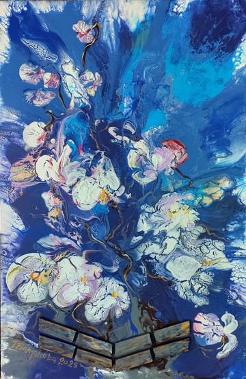 白色蘭花 獨一無二的抽象花卉藝術原創繪畫流體藝術裝飾