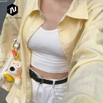 【Nico】臺灣熱銷🔥【棉質色織條】黃色條紋長袖襯衫女早秋爆款寬鬆疊穿內搭學生開衫