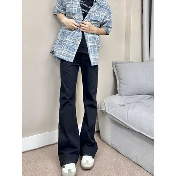 美式休閑ro風格cleanfit微喇叭彈力寬松黑牛牛仔男女拖地長褲子
