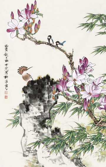 名畫復制品田世光竹石翠鳥40x63厘米中國畫微噴花鳥畫名人字畫