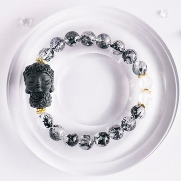 小精品-黑武士閃靈x白水晶x阿拉善- 淨化 穩心 招好運 純銀手環