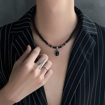 YLIE 項鏈 男女款 配飾 男生項鏈 個性 男士項鏈男潮高級感黑曜石潮牌百搭設計感串珠轉運珠痞帥男生配飾