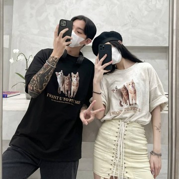 【APPAREL】韓國 I WANT U TO PET ME 動物系列 貓咪 寬鬆短袖 寬鬆短Tee 寬鬆上衣