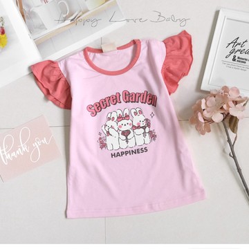 祕密花園兔兔拼接粉荷葉袖棉質短袖上衣 春夏童裝 女童上衣 女童短袖 女童棉T 女童T恤 短袖上衣