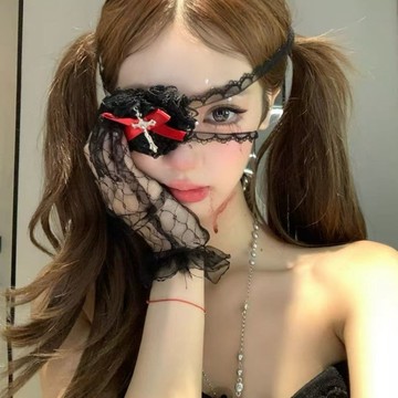 萬聖節cos裝扮黑色蕾絲十字架蝴蝶結修女眼罩哥特風拍照面罩配飾
