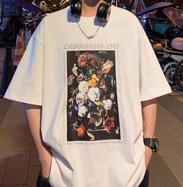 FINDSENSE X 韓潮 男士 復古花卉印花 寬鬆五分袖大尺碼 短袖T恤