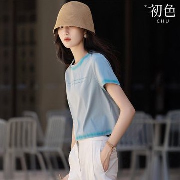 初色 休閒混色字母印花短版圓領短袖T恤上衣女上衣-藍色-14166(M-2XL可選)