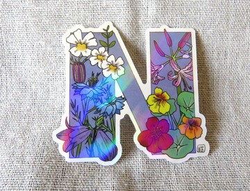字母N - 極光花卉植物字母防水貼紙