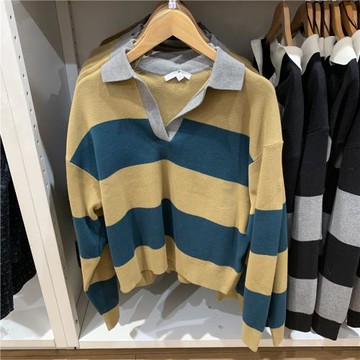 日單春女裝休閑寬松polo領條紋針織衫上衣V領拼色毛衣W476973