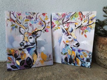 鹿的童话 一套 2 幅原创油画。波西米亚风格装饰。