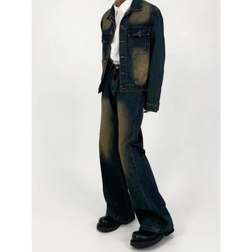 M7 美式復古Clean fit做舊牛仔外套洗水直筒寬松牛仔套裝微喇長褲