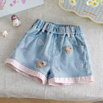 【臺灣-出貨】女童牛仔短褲夏裝2026新款-卡通刺繡小熊可愛薄款短褲寬鬆褲子LIHUAN