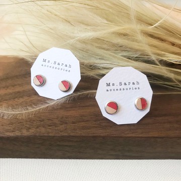 皮革耳環_圓框3號作品#6_原皮搭珊瑚紅(可改夾)