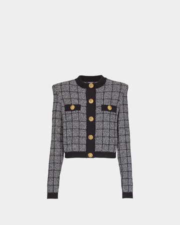 BALMAIN 圓領輕量花呢針織開襟衫 - 黑/白 / 38