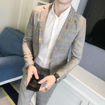 2023新款秋季夜場個性小西裝套裝男潮修身發型師帥氣條紋韓版休閑